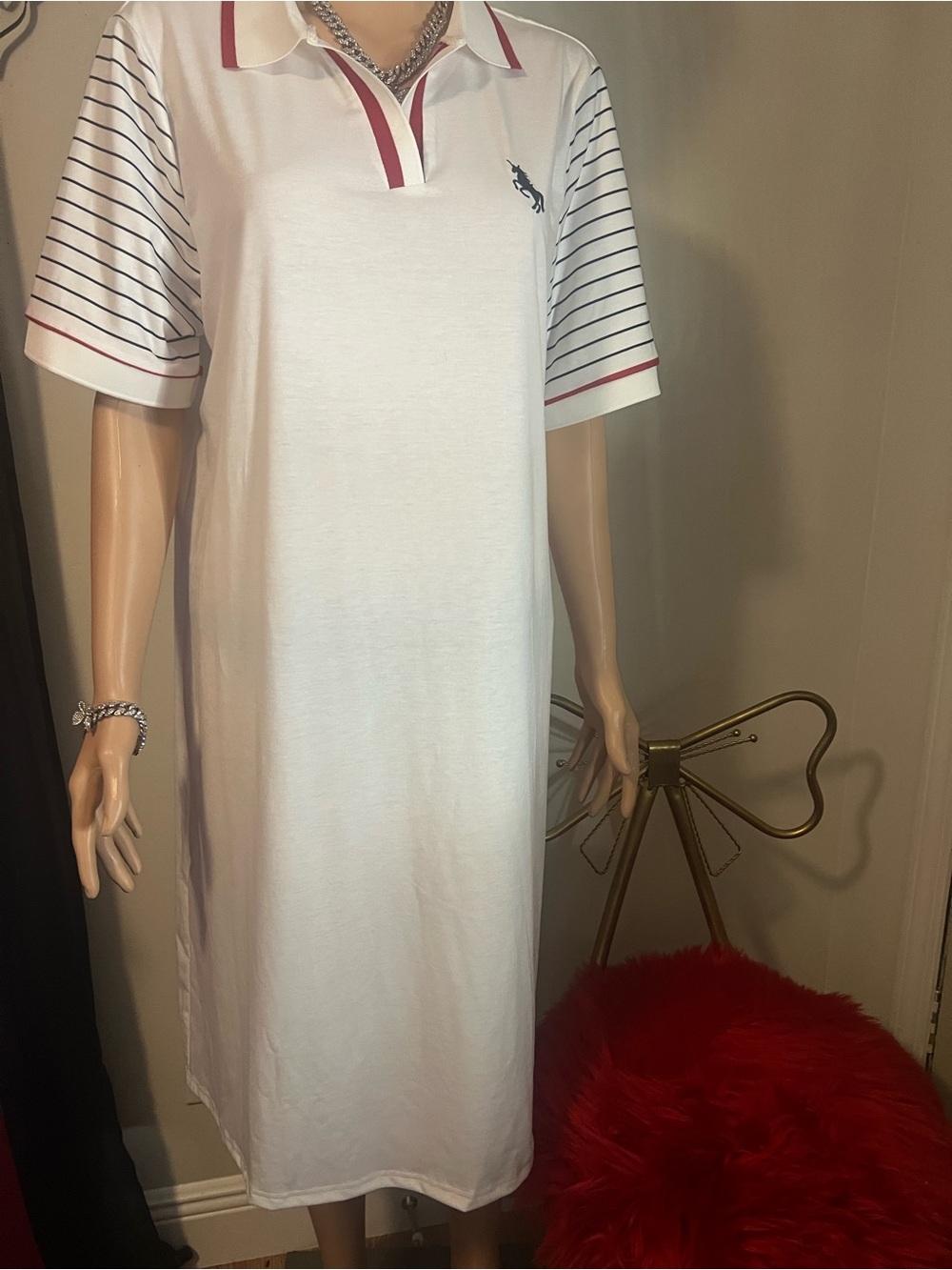 SHEIN White Polo-Style Midi Dress with Navy Striped Sleeves and Red Trim